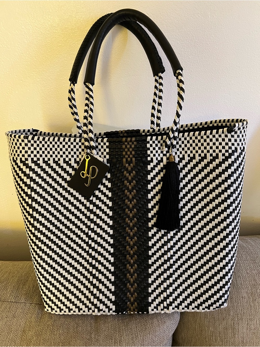 Black & White Woven Tote with Tassel Accent